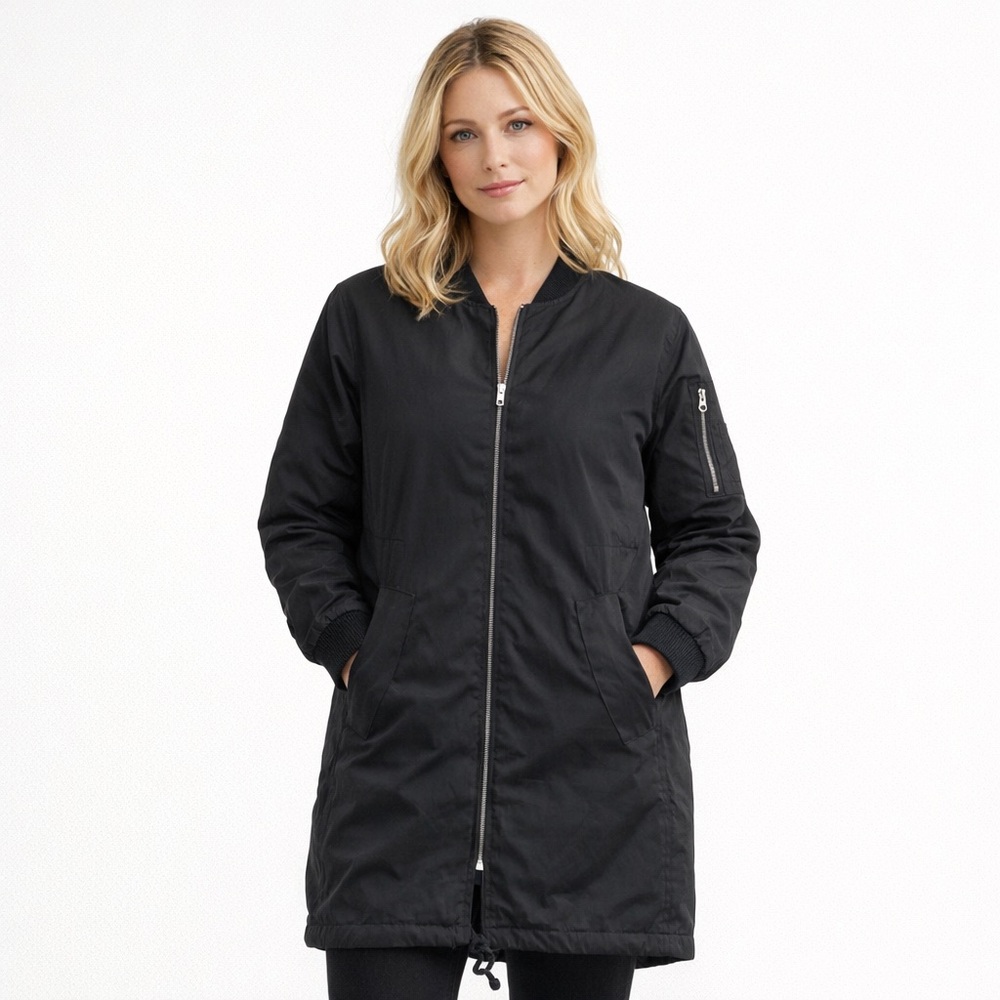 Active USA Black Long Midi Lightweight Bomber Coat